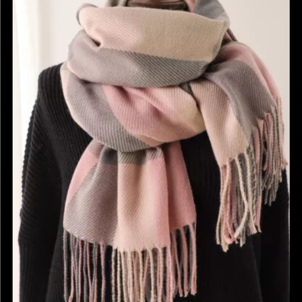 Pink plaid & fringe scarf wrap NEW in Gift Box